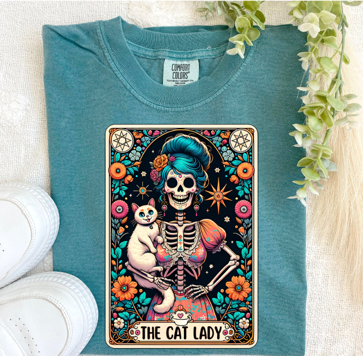 The Cat Lady Tarot Card- Emerald Comfort Color T-Shirt
