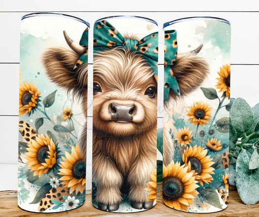 Teal Sunflower Highland Cow- 20oz Tumbler